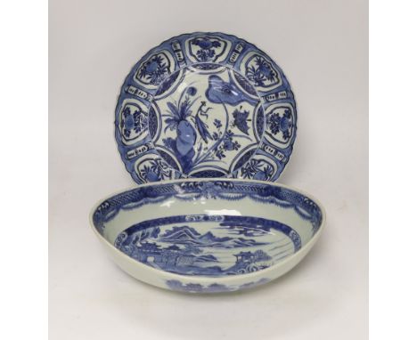A Chinese Ming blue and white ‘praying mantis’ and butterfly dish, early 17th century, and a Chinese export oval serving dish