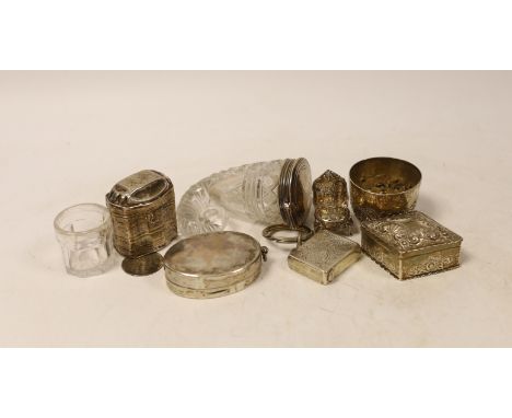 An early 19th century silver mounted cut glass snuff mull, 87mm, two white metal boxes including Dutch, a Victorian small sil