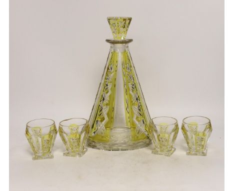 An Art Deco cut glass decanter with four glasses, decanter 29cm high