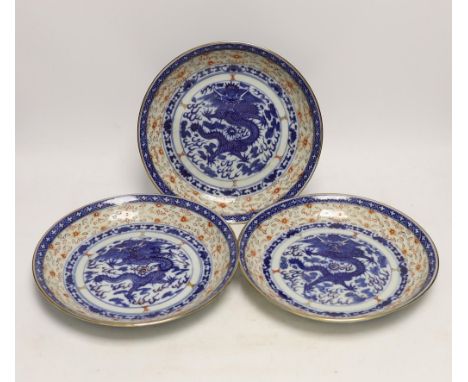 Three Chinese blue and white ‘dragon’ dishes, 24cm diameter Three plates in generally good condition with no visible chips or
