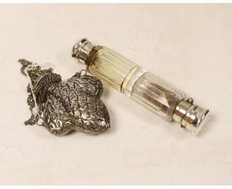 A white metal mounted double ended scent bottle, 14.5cm and one other white metal scent flask.