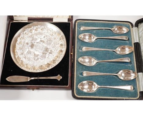 Three cased sets including a pairs of salts, set of six teaspoons and butter dish and butter knife, together with a silver mo