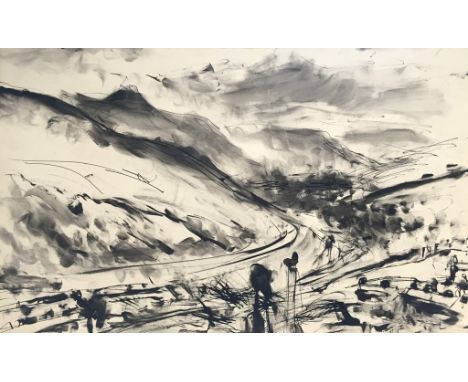 Glyn Morgan (British, 1926-2015):Figures travelling through mountains on a winding road, probably Wales, ink study, signed lo