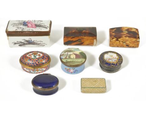Eight 18th/19th Century Enamelled/Tortoiseshell Boxes:To include Bilston examples, patch boxes, French enamelled and a Mauchl