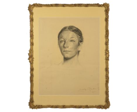 Geoffrey Rawlins (British, 20th century):Portrait sketch of a lady, charcoal, signed lower right & dated 1970, H 55 x W 43 cm