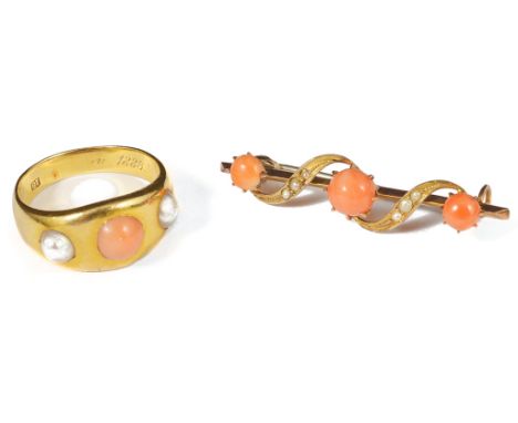 A Victorian 18ct Pearl and Coral Ring and Pearl & Coral Bar Brooch   CONDITION REPORT:  Original condition, no damages, size 
