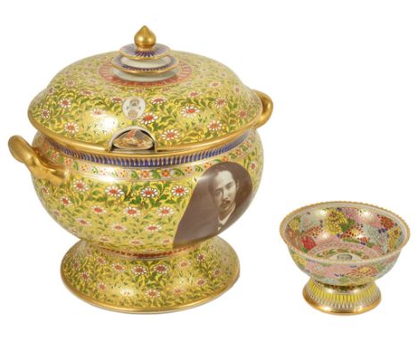 A Thai Benjarong Tureen with Lid and Matching Ladle; together with a Stem Bowl : late 19th/early 20th century:The tureen rich