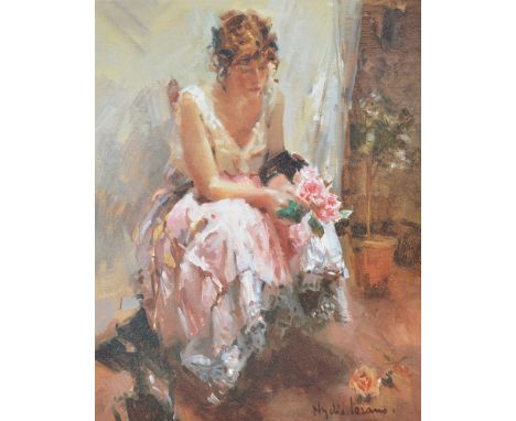 Nydia Lozano (Spanish, b. 1947):Portrait of a lady holding flowers, oil on board, signed lower right, H 69 x W 54 cm