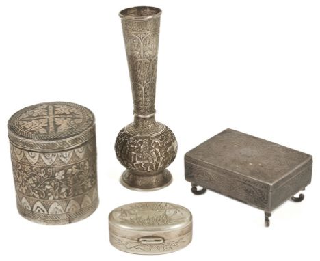 An Oriental Silver Box, Vase, Pot and Snuff:A Chinese NK marked silver oval snuff box; together with an Asian hallmarked spil