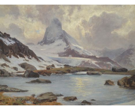 Gabriel Loppé (French, 1825-1913):The Matterhorn, oil on board, signed lower left & dated 14.7.98, H 29 x W 39 cm.  Note: A F