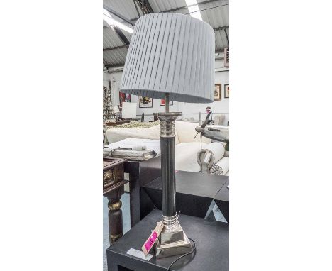 COLUMN LAMP, chromed top on wooden column, with chrome stepped base and duck egg blue shade, 82cm H.