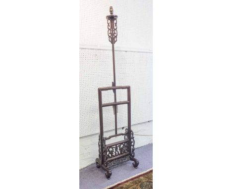 CHINESE STANDING LAMP, hardwood with trestle form base, pierced traditional designs, 152cm H.