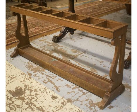 STICK STAND, early 20th century oak with copper drip tray, 58cm H x 131cm x 31cm. (with faults)