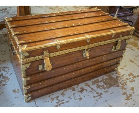 TRUNK, 19th century camphorwood and brass bound, brass studded and battened throughout with rising lid and carrying handles, 
