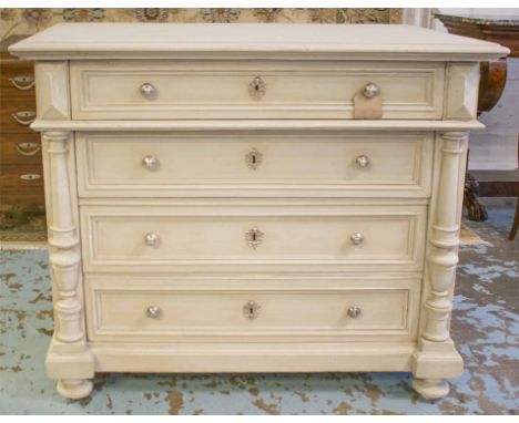 COMMODE, 19th century French traditionally grey painted with four long drawers, split turned pilasters and turned supports, 6