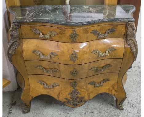 COMMODE, Italian Rococo style burr walnut with green marble top and brass rams head mounts flanking four drawers, 90cm H x 11