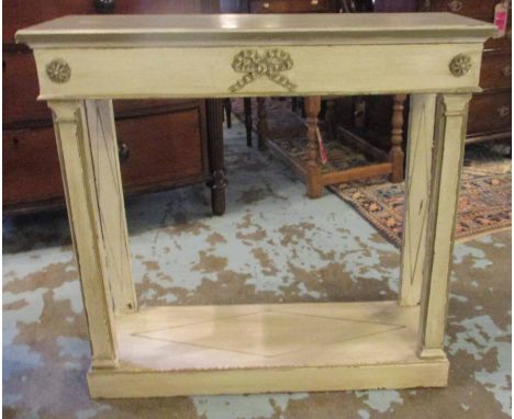 CONSOLE TABLE, Empire style, cream and grey painted finish, with a frieze drawer below having ribbon-tied and rosette decorat