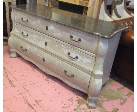 BOMBE COMMODE, Dutch style, in a distressed effect grey finish having a marble top and three long drawers below and a shaped 