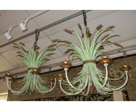 CHANDELIERS, a pair, Italian 1960's green and gilt wheatsheaf design, 60cm H. (2) (distressed)