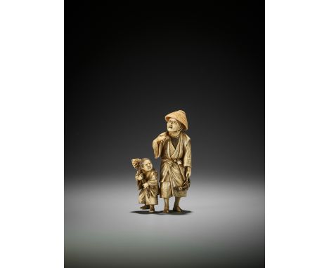 AN IVORY OKIMONO OF A BAMBOO FARMER WITH CHILDJapan, Meiji period (1868-1912)Depicting a bamboo farmer with his child carryin