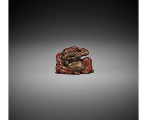 A LACQUERED WOOD NETSUKE OF HOTEIJapan, 18th to early 19th century, Edo period (1615-1868)A rather amusing wood netsuke depic