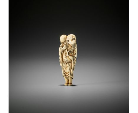 AN IVORY NETSUKE OF TOBOSAKU SENNINJapan, 18th century, Edo period (1615-1868)The peach sennin standing, looking upwards, and