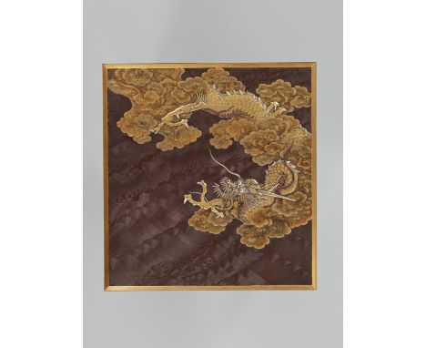 A SUPERB ZESHIN-STYLE INLAID LACQUER SUZURIBAKO WITH DRAGON AMONGST CLOUDS AND COMBED WAVESJapan, late 19th century, Meiji pe