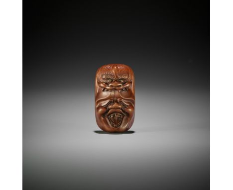 HOZAN: A WOOD NETSUKE OF A TWO-FACED BAKEMONO MASKBy Hozan, signed HozanJapan, late 19th century, Meiji period (1868-1912)Of 