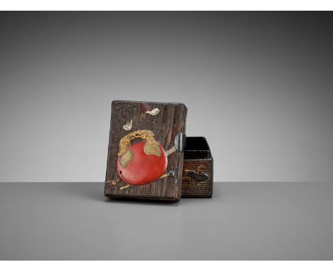 OGAWA HARITSU (RITSUO): A SMALL CERAMIC AND LACQUER INLAID KIRI WOOD BOX AND COVER WITH BUDDHIST OBJECTSAttributed to Ogawa H