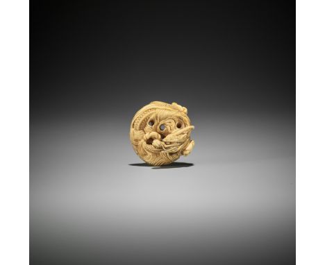 A POWERFUL IVORY NETSUKE OF A COILED ONE-HORNED DRAGONJapan, 18th century, Edo period (1615-1868)The dragon’s sinuously windi