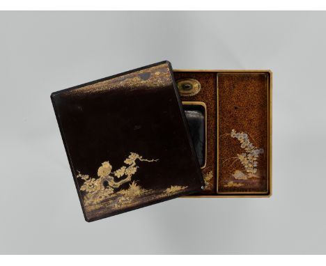 A RARE LACQUER SUZURIBAKO WITH OWL AND MOONJapan, c. 1700-1750, Edo period (1615-1868)The rectangular suzuribako (writing box