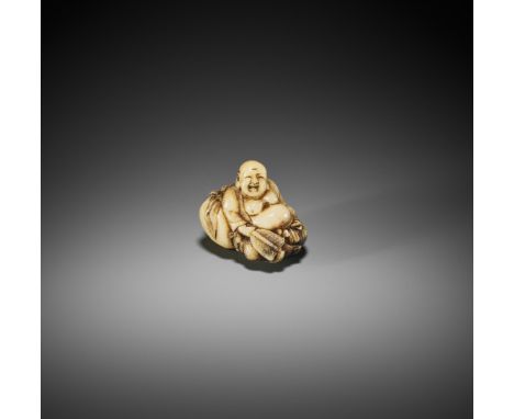 TOMONOBU: A RARE STAG ANTLER NETSUKE OF HOTEIBy Tomonobu, signed TomonobuJapan, Edo, mid-19th century, Edo period (1615-1868)