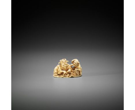 GYOKUHO: AN IVORY NETSUKE OF EMMA-O AND ONI CATCHING A NAMAZUBy Gyokuho, signed GyokuhoJapan, second half of 19th centuryThe 