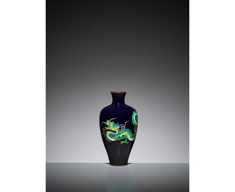 A MIDNIGHT BLUE CLOISONNE ENAMEL VASE WITH A DRAGONJapan, Meiji period (1868-1912)The baluster body rising from a short foot 