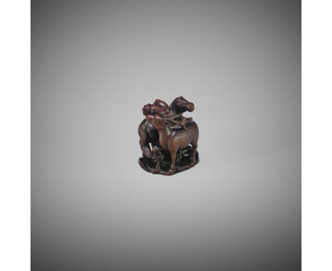 A WOOD NETSUKE-OKIMONO OF A DEER AND HORSE WITH SMALL MONKEYSJapan, Edo/Tokyo, second half of 19th centuryFinely stained and 