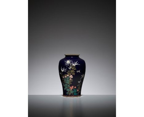 A MIDNIGHT BLUE CLOISONNE ENAMEL VASE WITH A SPARROW AND FLOWERSJapan, Meiji period (1868-1912)The baluster body rising from 