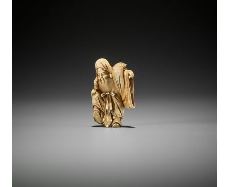 A FINE EDO SCHOOL IVORY NETSUKE OF JUROJIN WITH MINOGAMEJapan, Edo/Tokyo, mid-19th century, Edo period (1615-1868)The lucky g