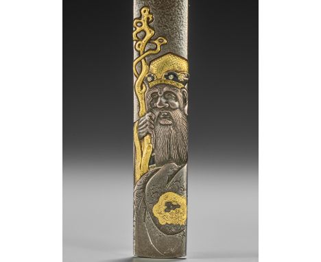 A SHIBUICHI AND GOLD KOZUKA DEPICTING JUROJINJapan, 19th century, Edo period (1615-1868)The God of Longevity finely carved in