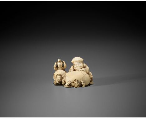 ONO RYORAKU: AN AMUSING TOKYO SCHOOL IVORY NETSUKE-OKIMONO OF DAIKOKU WITH BOYS AT PLAY AND THIEVING RATSBy Ono Ryoraku, sign