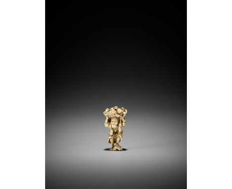 AN AMUSING IVORY OKIMONO STYLE NETSUKE OF GAMA SENNIN WITH MANY FROGSJapan, Meiji period (1868-1912)Gama Sennin is holding up