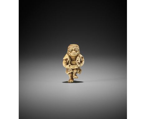 AN AMUSING IVORY NETSUKE OF A KAPPA AS A SAKE VENDORJapan, 19th century, Edo period (1615-1868)The kappa with large eyes with