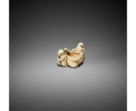 TOMOCHIKA: AN IVORY NETSUKE OF HOTEI AND TWO KARAKOBy a member of the Tomochika school, signed TomochikaJapan, Edo (Tokyo), m