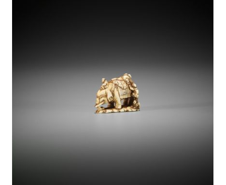 KINRYUSAI TOMOTATE: AN IVORY NETSUKE OF BLIND MEN AND ELEPHANTBy Kinryusai Tomotane, signed Kinryusai with seal TomotaneJapan