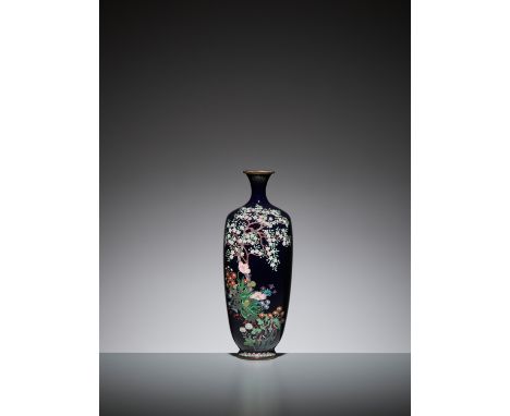 A MIDNIGHT BLUE CLOISONNE ENAMEL VASE WITH CHERRY TREE AND FLOWERSJapan, Meiji period (1868-1912)The rounded square baluster 