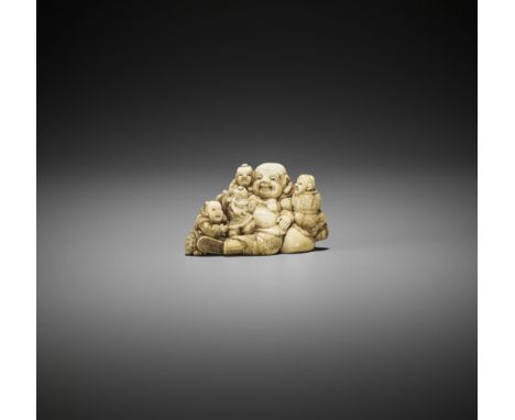 HASEGAWA IKKO: AN IVORY NETSUKE OKIMONO OF HOTEI WITH FOUR KARAKOAttributed to Hasegawa Ikko, signed IkkoJapan, second half o