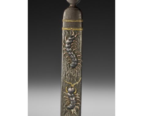 A SHIBUICHI AND PARCEL-GILT COPPER KOZUKA DEPICTING MUKADEJapan, 19th century, Edo period (1615-1868)The shibuichi kozuka in 