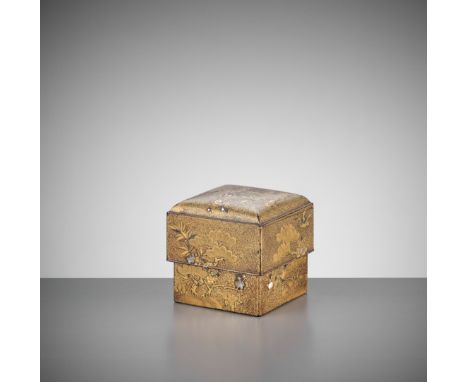 A RARE LACQUER COSMETIC BOX AND COVER WITH CRANES, MINOGAME AND SHOCHIKUBAIJapan, late 17th to early 18th century, Edo period