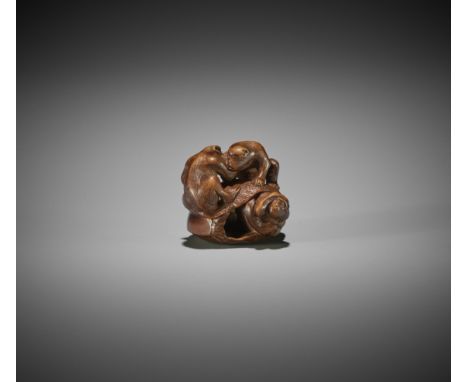 SEIZAN: A WOOD NETSUKE OF THREE MONKEYS AND CHESTNUTSigned SeizanJapan, second half of 19th centuryAn amusing composition dep