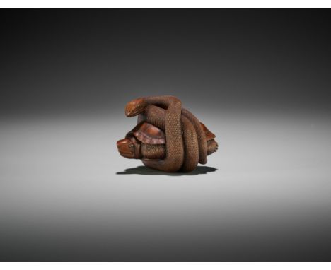 A FINE YAMADA SCHOOL NETSUKE OKIMONO OF A SNAKE COILED AROUND A TORTOISEJapan, Ise-Yamada, mid-19th century, Edo period (1615