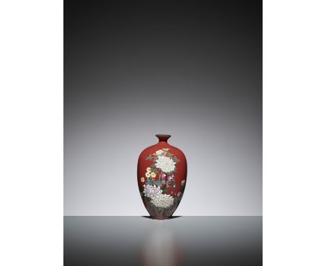 AN UNUSUAL IRON-RED CLOISONNE ENAMEL VASE WITH PEONY AND CHRYSANTHEMUMJapan, Meiji period (1868-1912)The ovoid body rising fr